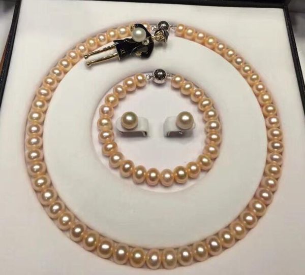 

8-9mm pink lavender freshwater pearl necklace bracelet earrring brooch sets collocation, Silver