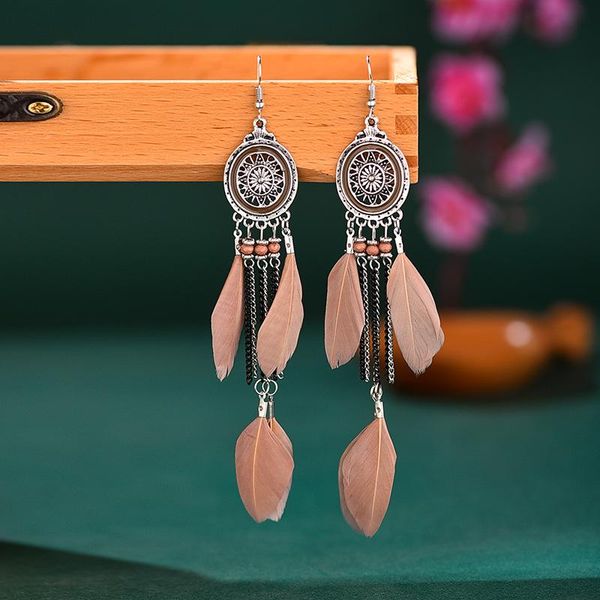

Boho long feather Tassel Earrings for women Alloy Retro ethnic style earrings for beach exaggerated fashion jewelry women, Silver