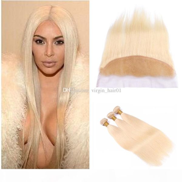 

613 blonde human hair bundles with frontal lace closure straight bleach blonde brazilian hair bundles deals with 13x4 ear to ear frontal, Black;brown
