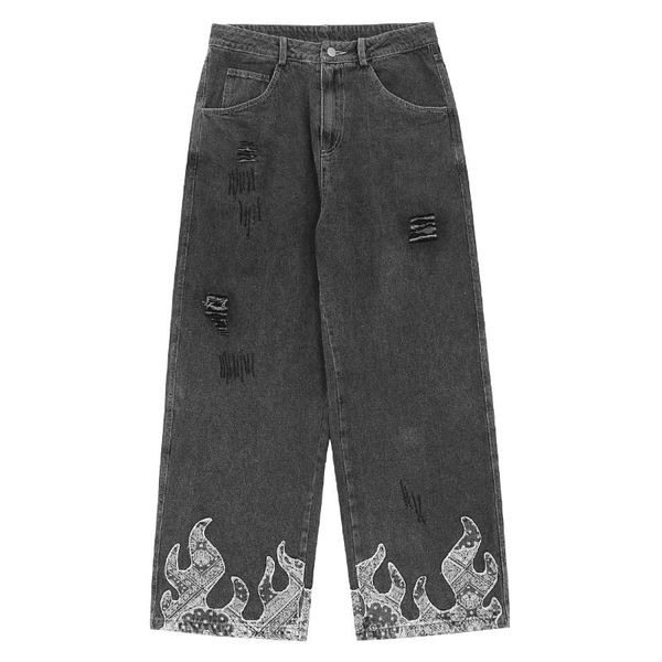 

men's jeans 2021 hip hop pants man women streetwear fire flame print men trousers harajuku ripped hole oversized joggers black, Blue