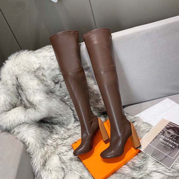 

2021 sell well fashion women knee boots genuine leather high-heel boots letters round head middle boot for cowboy booties home011 03, Black