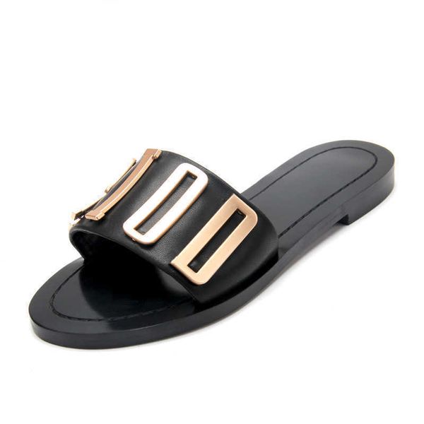 

designer leather flat sandals shoes for women 2021 metal slides correct letter luxury black shoe slippers handmade