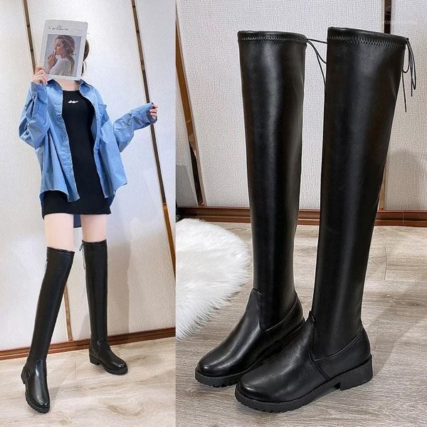 

boots lace-up roman fashion long women botas round toe pu over the knee shoes autumn thick heels high1, Black