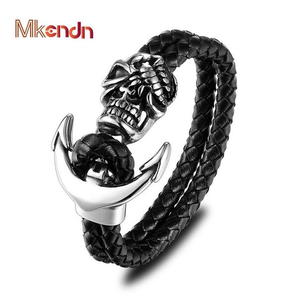

mkendn new fashion men genuine leather skull anchor bracelets rock punk stainless steel charms cuff bracelets bangles wmtkac