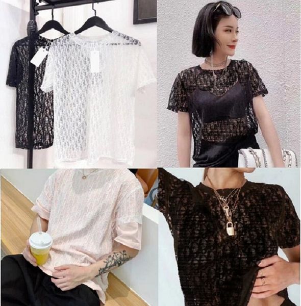 

womens designs t-shirt vogue sheer party wear woman letter print hollow out mens summer hip hop streetwear fashion shirts for man, White