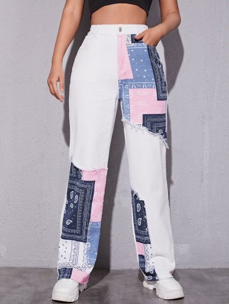 

high waist paisley print straight leg jeans s0oy#, Blue