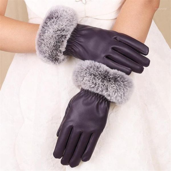 

five fingers gloves yrrety fashion touched screen pu leather women waterproof faux fur thick warm spring winter cashmere glove1, Blue;gray