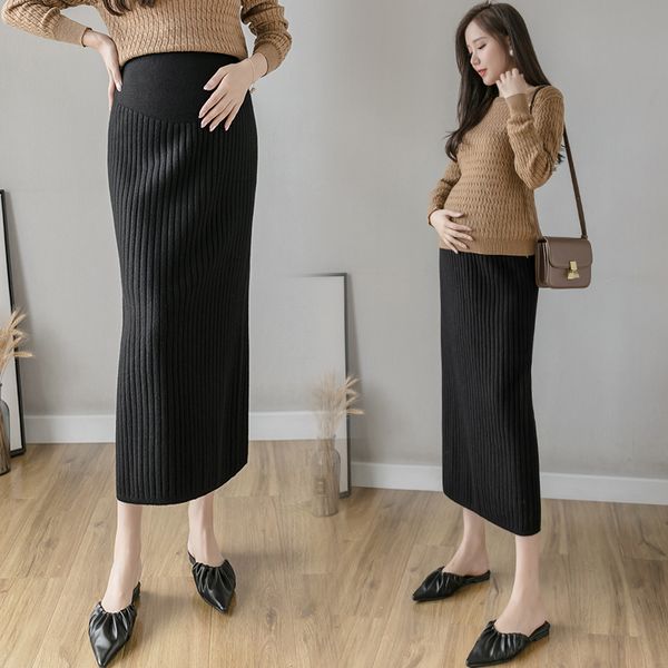 

pregnant women's autumn and winter knitted long skirt with belly support, White