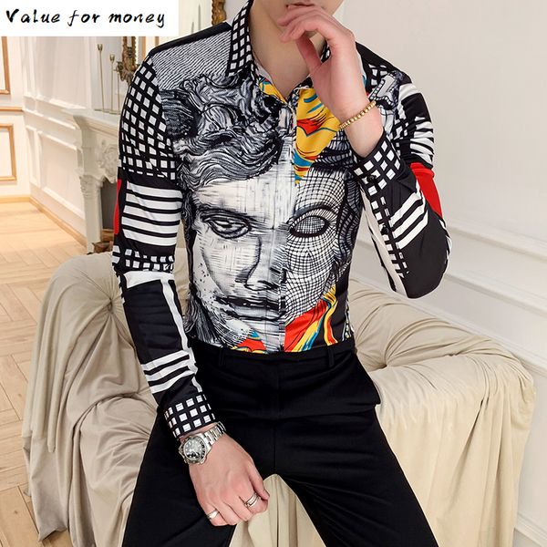 

7xl face big print shirt men 2020 long sleeve designer pattern shirt men chemise homme manche longue mannen kleding 7xl c1212, White;black