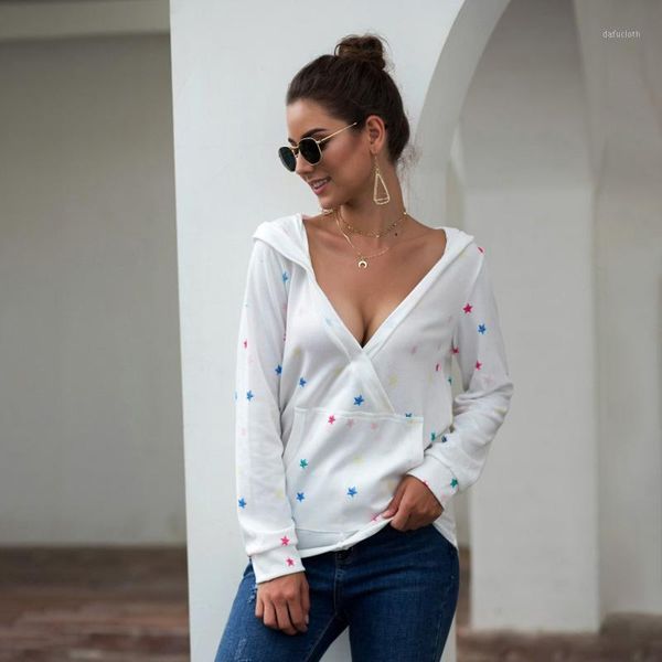 

womens v neck star printed causal loose sweatshirt pullover jumper hooded 1, Black