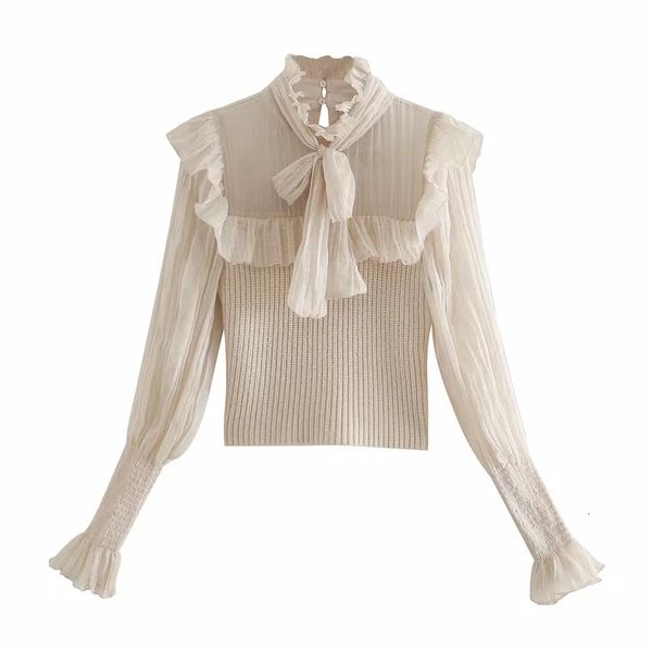 

2021 new women contrast organza patchwork cropped knitted sweater woman fashion high neck bow tied long sleeve ruffle blouse idnk, White;black