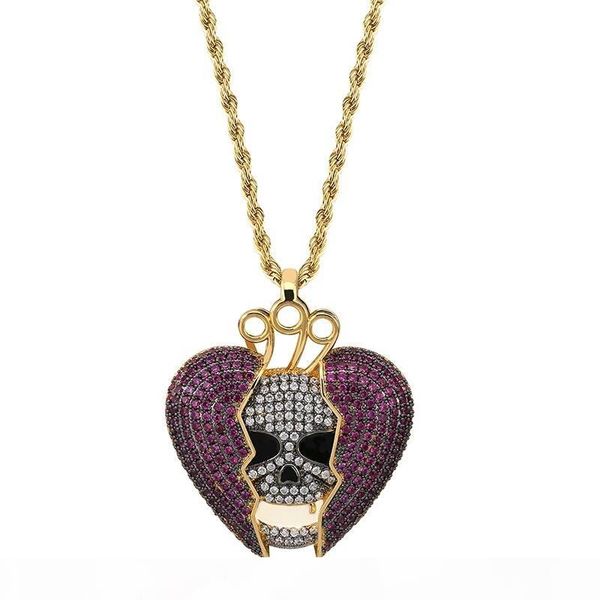 

hip hop 999 skull in broken heart pendant necklaces for men luxury diamonds pendants purple heart 18k gold plated copper zircons necklace, Silver