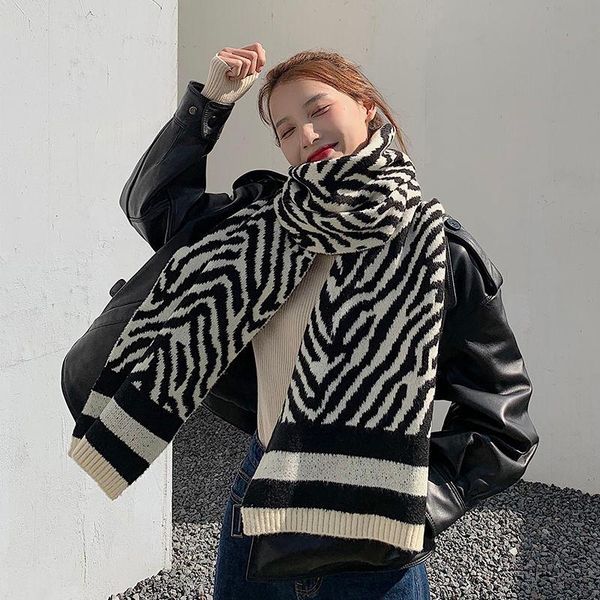 

scarves 2021 cool girl's zebra-print knit warm student shawl scarf women winter long scarfs for ladies leopard print, Blue;gray