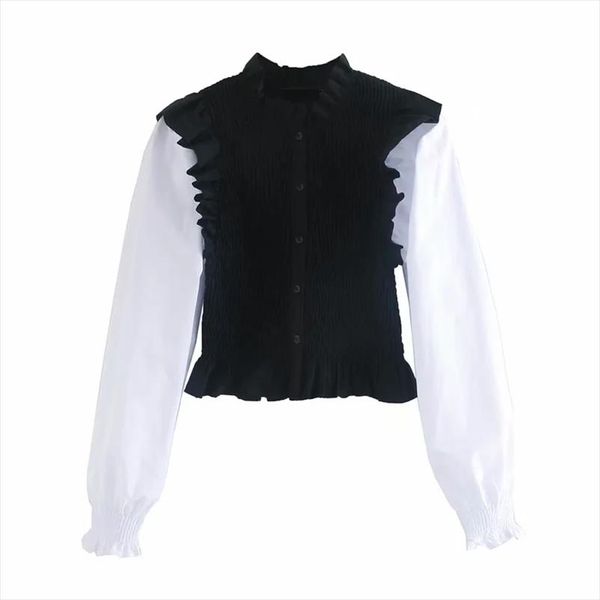 

woman contrast color splicing elastic shirt femme puff sleeve slim blouse casual lady short smock blusas s8007, White