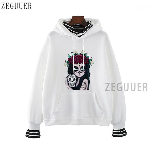 

flower skull girl sweatshirt lady rose tattoo streetwear punk white pink casual mexico day of dead oversized hoodie clothes1, Black