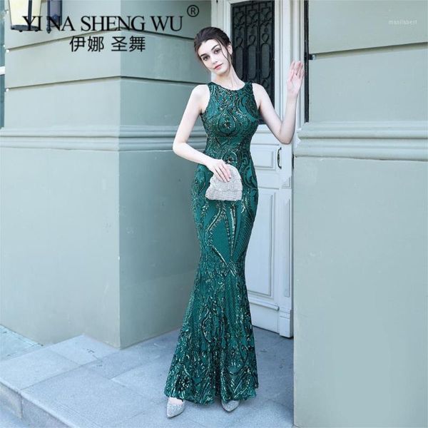 

new backless women evening long dress sleeveless o-neck mermaid sequin long prom party dresses vestidos de fiesta dress1, Black;gray