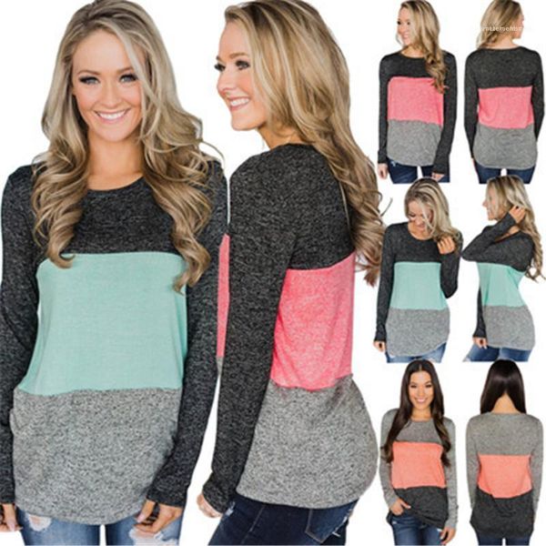 

female tricolor panelled casual clothing women panelled casual t-shirt fashion round neck long sleeve tee summer designer, White