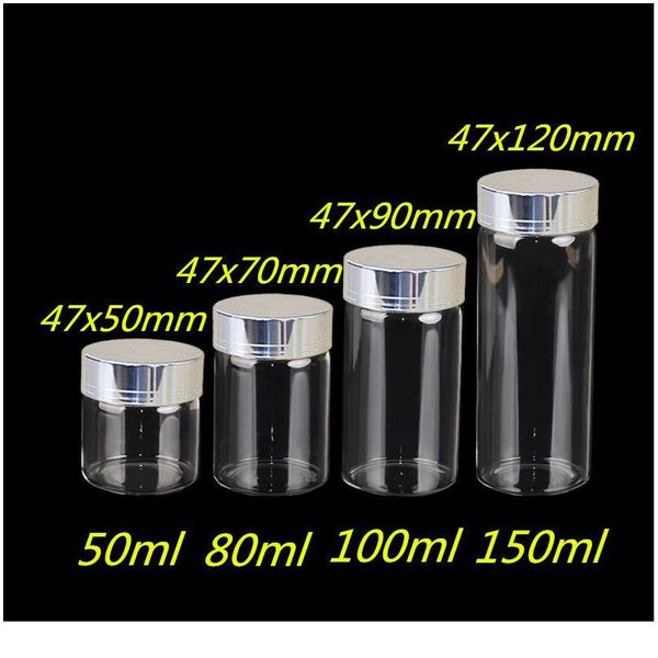 

50ml 80ml 100ml 150ml large glass bottles with silver screw caps empty spice bottles jars gift crafts vials 24pcs bbydjr