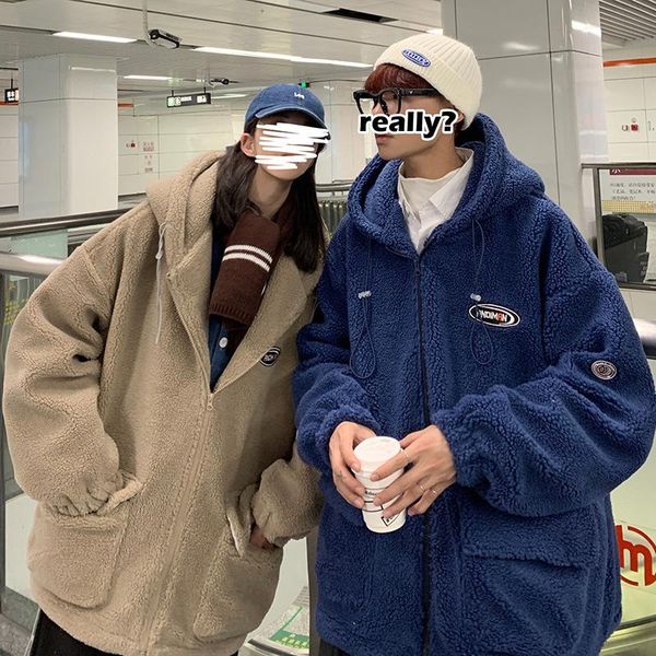 

thick lamb wool coat for teenagers 2020 winter new men's loose warm cotton coat couple warm plus size s-2xl, Black