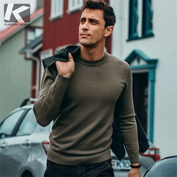 

kuegou autumn cotton plain gray sweater men pullover casual jumper for male wear brand knitted korean style clothes 8921 201214, White;black