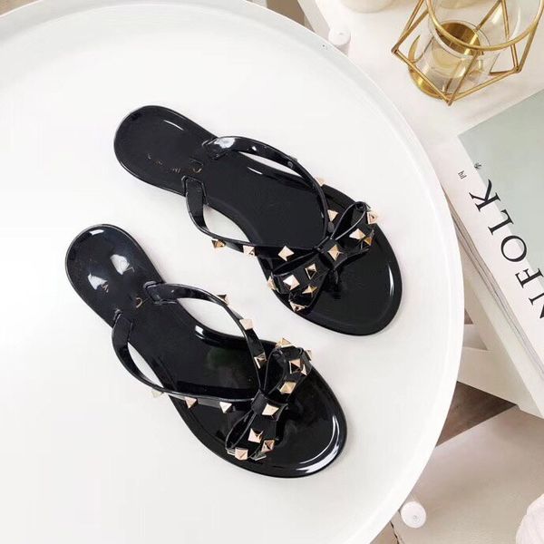 

2021 the new women summer sandals rivets big bowknot flip flops beach sandals femininas flat jelly progettista sandals, Black