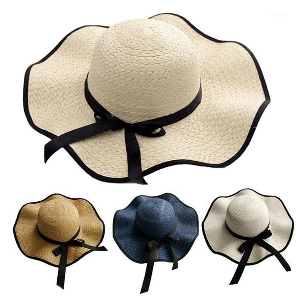 

women bowknot straw weave wavy wide brim sunscreen outdoor beach sunhat cap hat anti uv cap girls sun hat panama1, Blue;gray