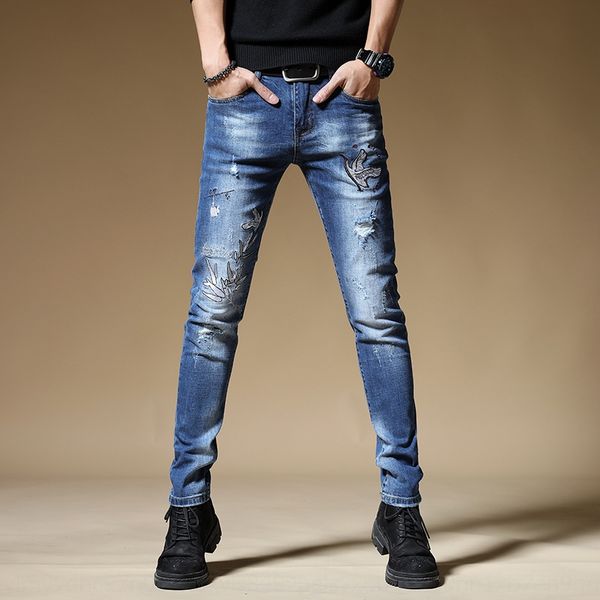 

tteuv and jeans men's small straight tube printing elastic personality fashion brand personality white men's casual jeans pants fa, Blue