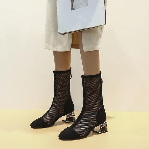 

2020 shoes womens summer boots mesh shoes crystal high heels hollow-out rome style zipper net big size 34-48 maziao1, Black