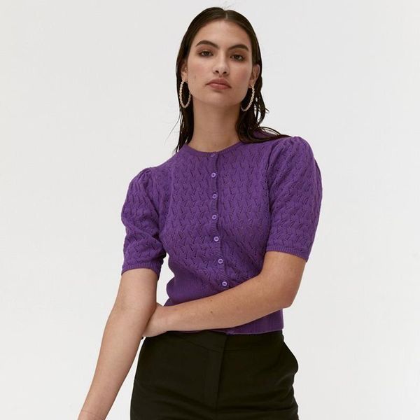 

woman hollow out half sleeve button thin cardigan cropped sweater, White