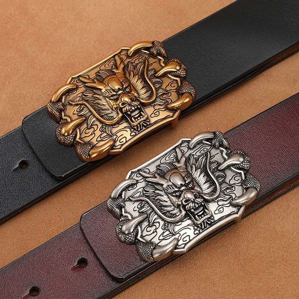 

deluxe waistband for man cowskin genuine leather dragon male buckle belt vintage, Black;brown