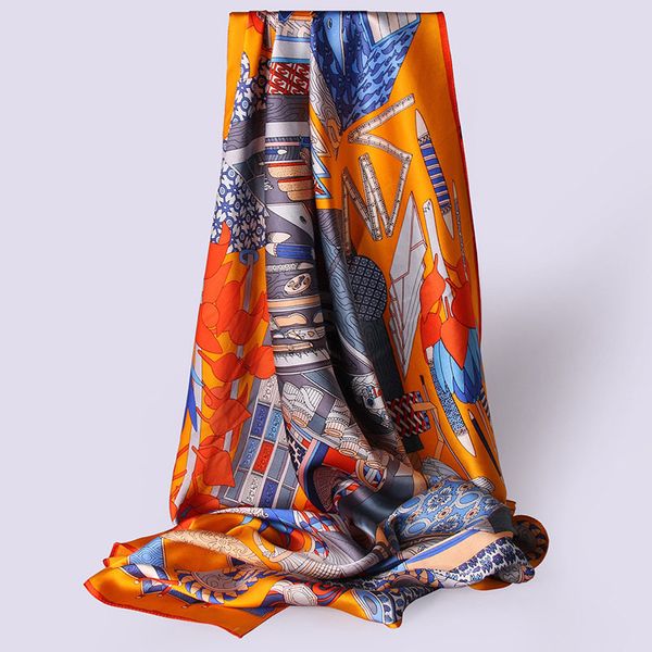 

female 88*88cm neckerchief brand 2020 bandana wrap for lady printed 100% hangzhou square silk handkerchief cixk, Blue;gray