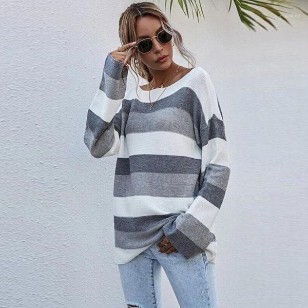 

women's casual striped sweater long sleeve o neck loose pullover sweaters fashion plus size knitted cardigans pull femme1, White;black