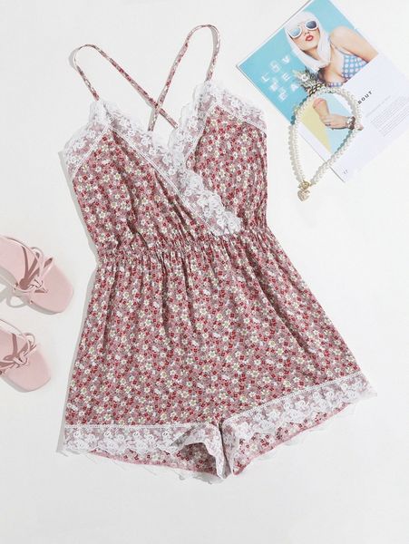

surplice neck lace trim ditsy floral cami romper z9gy#, White
