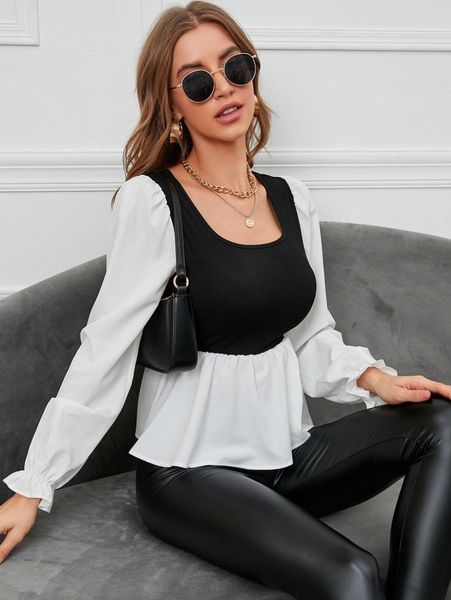 

two tone flounce sleeve peplum g17b#, White