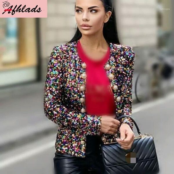 

2020 winter new korean sequin long-sleeved embroidery slim cardigan double-breasted fashion short suit jacket coats female1, Black;brown