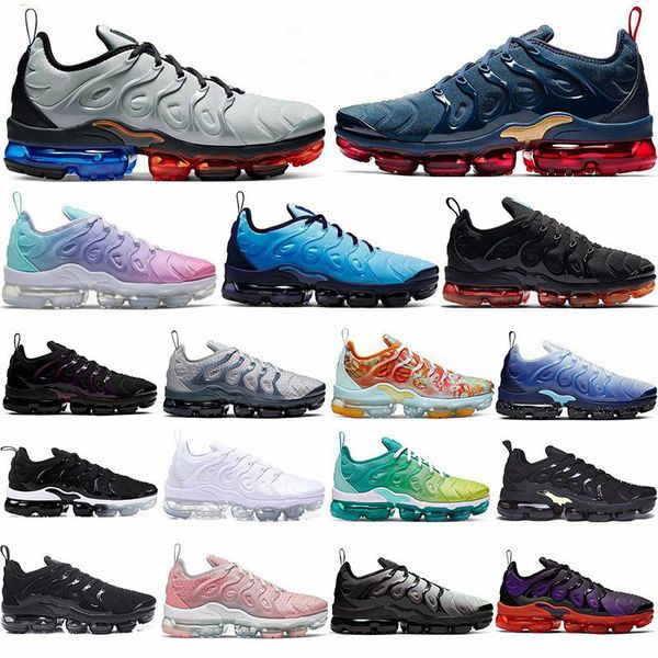 

2020 new plus tn black laser crimson hyper violet cushion sneakers grid print triple black volt university red men women running shoes