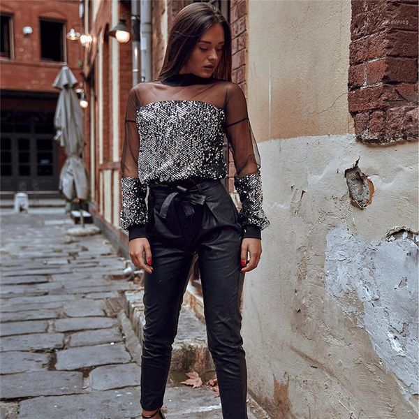 

women's t-shirt sequin women 2021 autumn arrivals fashion long sleeve mesh patchwork ladies hollow out crop streetwear1, White