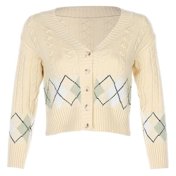 

women's knits & tees women 3/4 sleeves knitted cardigan contrast color argyle v-neck sweater coat single breasted button slim crop jack, White