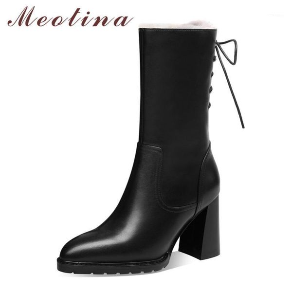 

boots meotina real leather high heel mid calf women shoes zip lace up lady pointed toe thick heels fashion female 401, Black