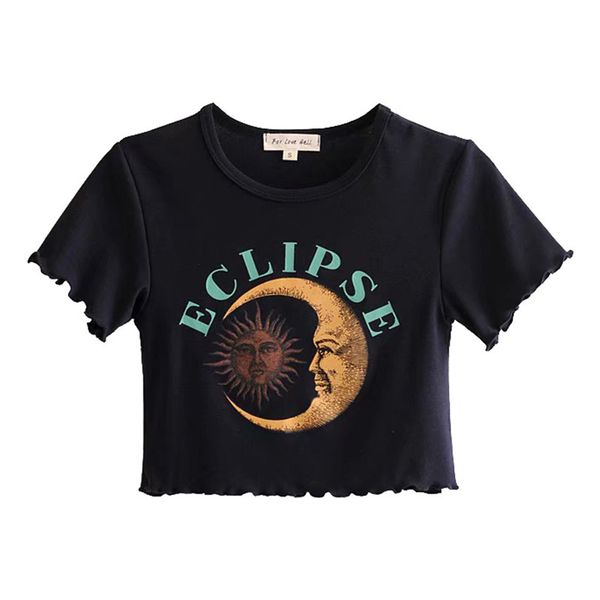 

wind ins ruffle print sleeve t-shirt short fashion letter slim women's top, Black;gray