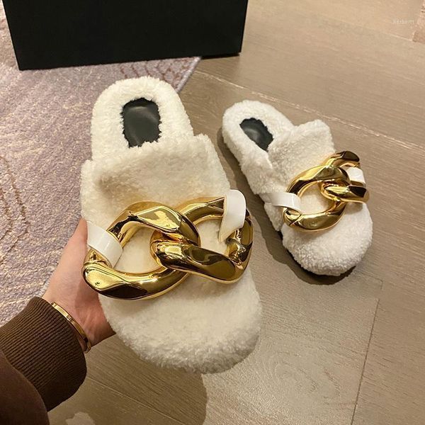 

slippers weibate brand design women slipper fashion gold chain slip on mules shoes winter warm lambswool slides casual flat flip flop1, Black