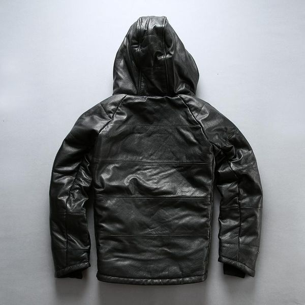 

genuine men's cow leather jacket warm 80% duck feather down hooded jacket thick cowhide brand autumn winter coat large size 4xl, Black