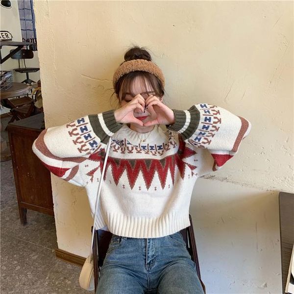 

autumn and winter new loose and thick contrast color short sweater for women, White;black