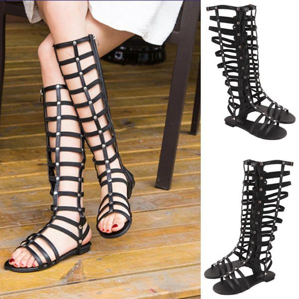 

women shoes gladiator sandals strappy flat knee high long zip up boots rivet hollowed-out sandals shoes for fashion ladies, Black