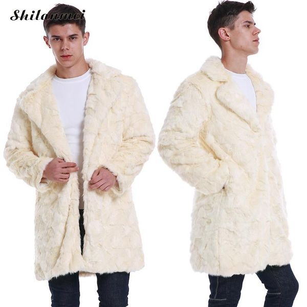 

white men faux fur coat winter warm plus size men coat fashion lapel pocket fur long casual loose solid thicken outwear, Black