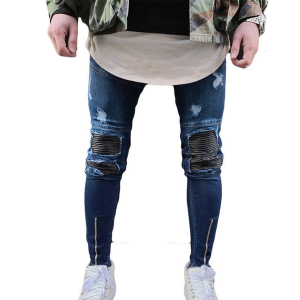 

new locomotive jeans slim fitting pleated knee hole zipper small leg men's long pants, Blue