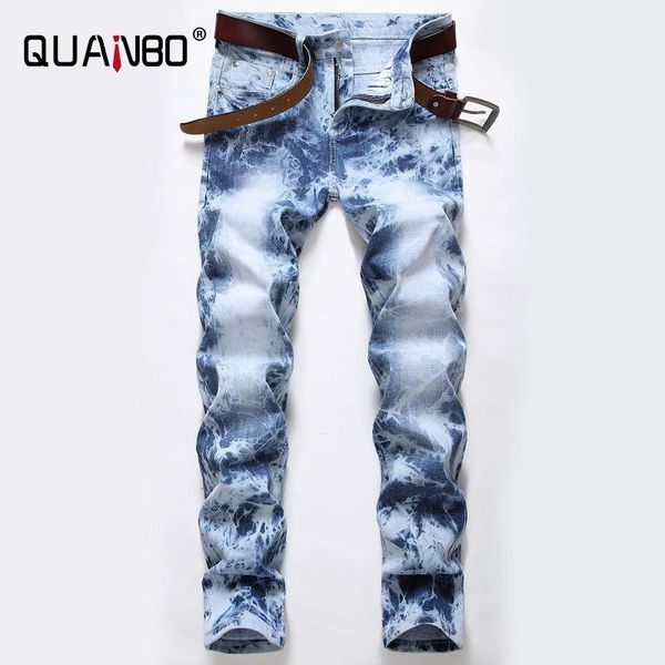 

men's jeans quanbo men trousers 2021 fashion casual printed stretch skinny denim jogger pants blue