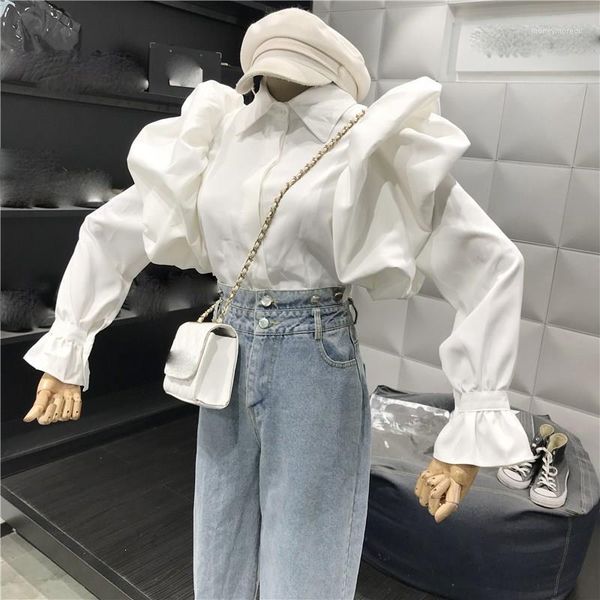 

2019 autumn long puff sleeve casual shirt women blouse size short streetwear white slim turn down collar blouse1
