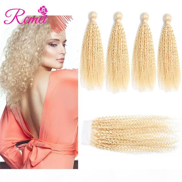 

rcmei pre-colore 613 blonde indian kinky curly hair 100% human hair 10-30inch 4 bundles with 4*4 lace closure virgin hair 5 pcs lot, Black;brown