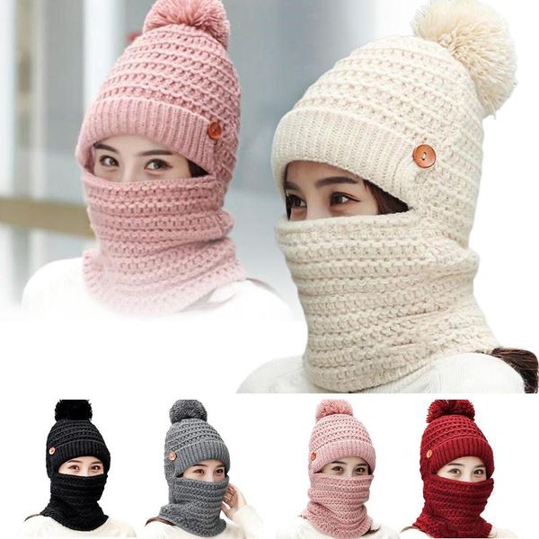 

girls winter solid color hat scarf knitted warm cap soft thicken muffler beanie skiing supplies, Blue;gray